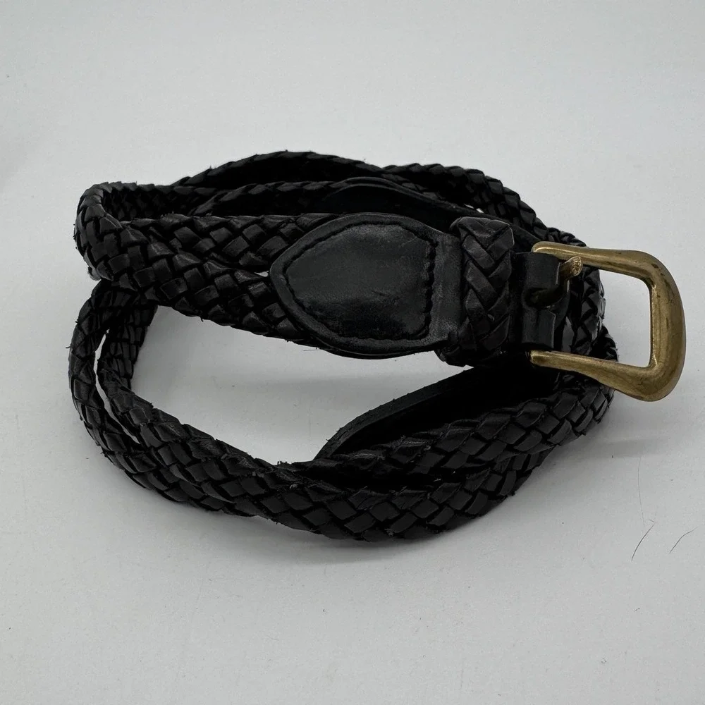 Talbots Genuine Leather Braided Belt Solid Brass Buckle Black XS VTG 6309‎ Boho